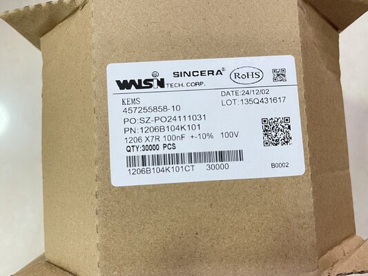 1206B104K101CT – MLCC boîtier 1206 diélectrique X7R 0,1µF ±10% 100V faible ESR plage de température -55°C à +125°C idéal pour le découplage et le filtrage de puissance