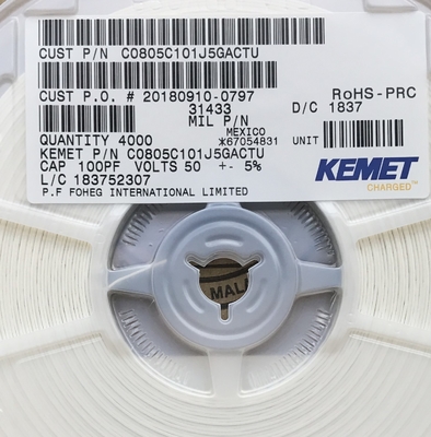 C0805C101J5GACTU 100pF 50V C0G/NP0 Condensateur céramique 0805 ±5% Tolérance Stabilité haute fréquence ESR ultra-faible Valeur Q élevée et Emballage sur bande et bobine pour circuits de précision