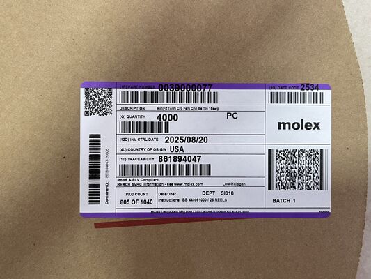 0039000077 Cosse à œillet en laiton étamé de 2,36 mm de diamètre, terminaison à sertir, non isolée, calibre 16-14 AWG, tension nominale 600 V, courant 20 A, conditionnement en bobine pour câblage automobile et industriel